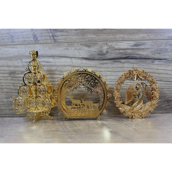 Danbury Mint gold plated brass filigree holiday keepsake ornament set of 3‎ - Picture 1 of 16